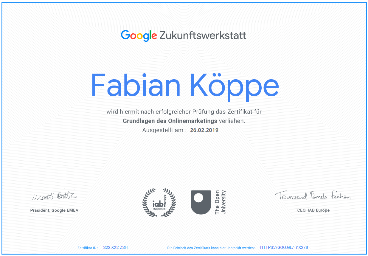 Zertifikat Google Zukunftswerkstatt